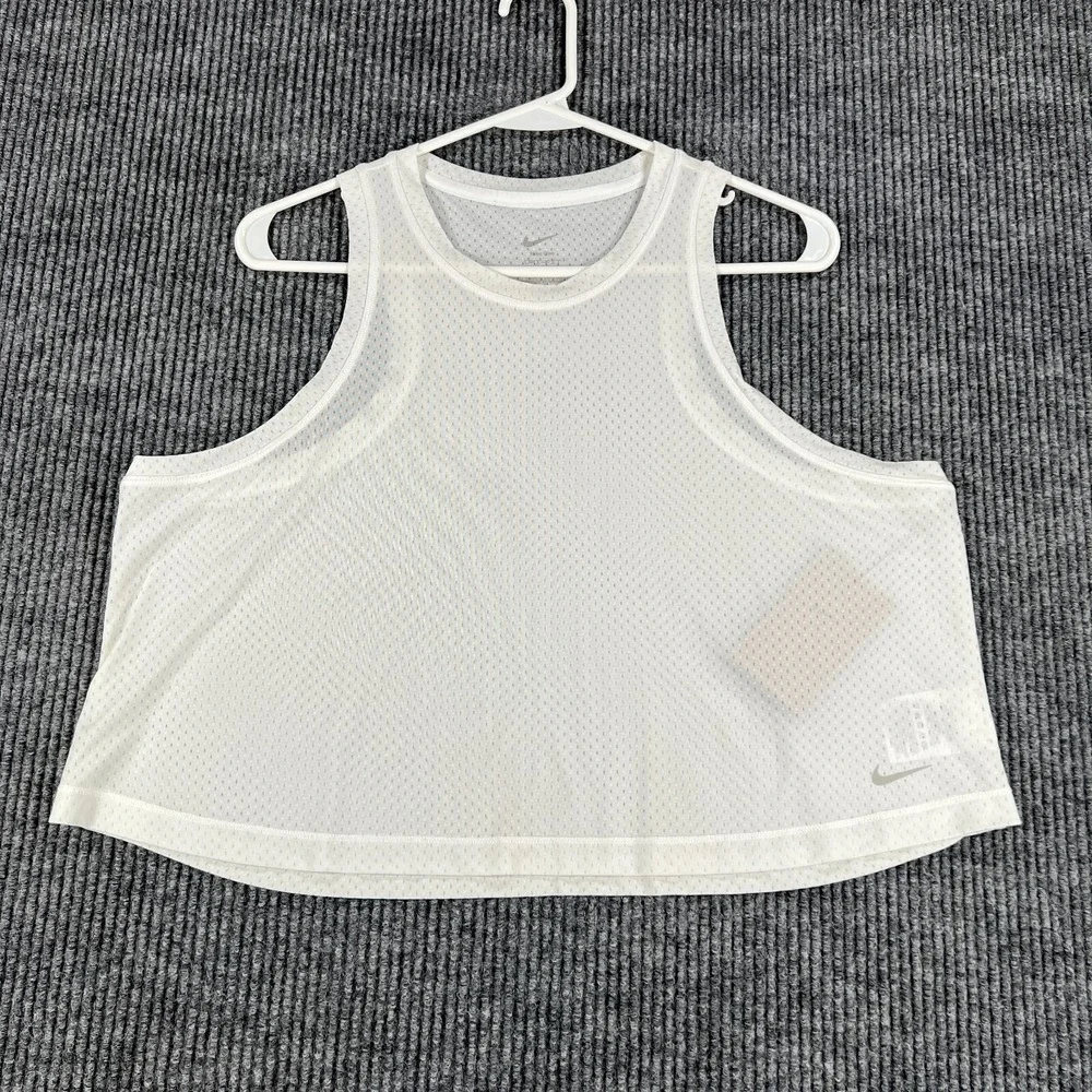 Nike Cropped Tank Top Womens Large White Sleeveless Dri Fit Mesh Gym Workout New
